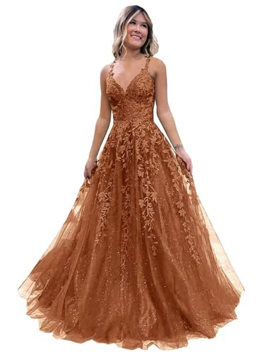 Frauen Spitze Applikation Abschlussball Kleider Langer Tüll Brautjungfernkleid A Linie V-Ausschnitt Formale Partyballkleider mit Schlitz Burnt Orange S von Generisch
