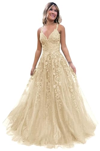 Frauen Spitze Applikation Abschlussball Kleider Langer Tüll Brautjungfernkleid A Linie V-Ausschnitt Formale Partyballkleider mit Schlitz Champagne XXS von Generisch