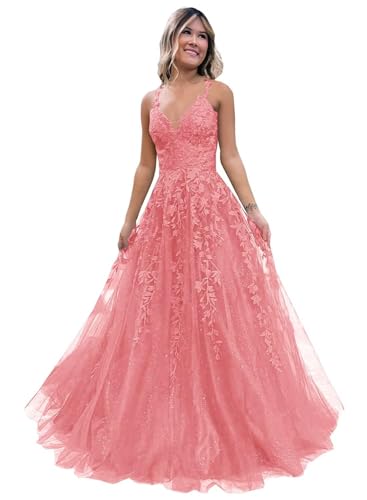 Frauen Spitze Applikation Abschlussball Kleider Langer Tüll Brautjungfernkleid A Linie V-Ausschnitt Formale Partyballkleider mit Schlitz Coral 5XL von Generisch