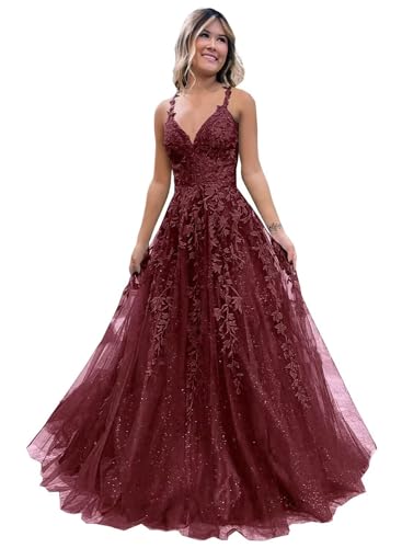 Frauen Spitze Applikation Abschlussball Kleider Langer Tüll Brautjungfernkleid A Linie V-Ausschnitt Formale Partyballkleider mit Schlitz Desert Rose S von Generisch