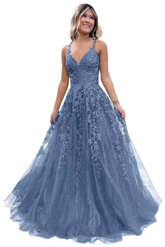 Frauen Spitze Applikation Abschlussball Kleider Langer Tüll Brautjungfernkleid A Linie V-Ausschnitt Formale Partyballkleider mit Schlitz Dusty Blue 7XL von Generisch