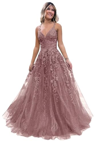 Frauen Spitze Applikation Abschlussball Kleider Langer Tüll Brautjungfernkleid A Linie V-Ausschnitt Formale Partyballkleider mit Schlitz Dusty Rose S von Generisch