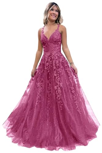 Frauen Spitze Applikation Abschlussball Kleider Langer Tüll Brautjungfernkleid A Linie V-Ausschnitt Formale Partyballkleider mit Schlitz Fuchsia 4XL von Generisch
