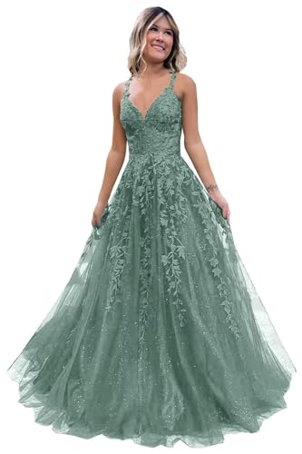 Frauen Spitze Applikation Abschlussball Kleider Langer Tüll Brautjungfernkleid A Linie V-Ausschnitt Formale Partyballkleider mit Schlitz Jade 5XL von Generisch