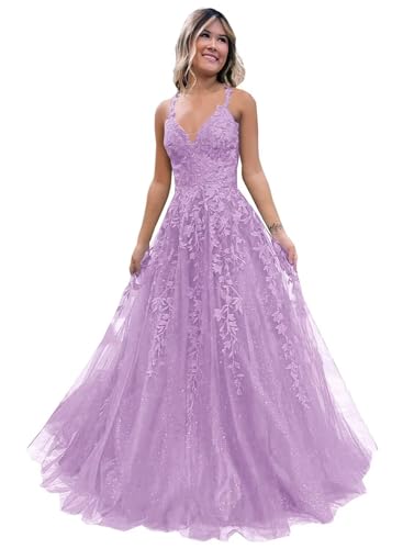 Frauen Spitze Applikation Abschlussball Kleider Langer Tüll Brautjungfernkleid A Linie V-Ausschnitt Formale Partyballkleider mit Schlitz Lilac M von Generisch