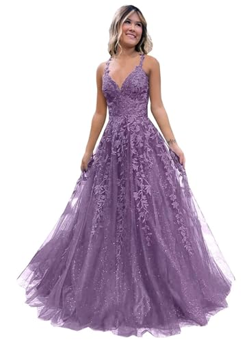 Frauen Spitze Applikation Abschlussball Kleider Langer Tüll Brautjungfernkleid A Linie V-Ausschnitt Formale Partyballkleider mit Schlitz Mauve XXL Frauen Spitze Applikation Abschlussball Kleider Langer Tüll Brautjungfernkleid A Linie V-Ausschnitt Formale Partyballkleider mit Schlitz Mauve XXL von Generisch