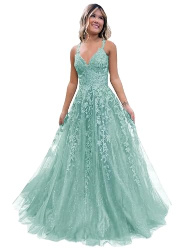 Frauen Spitze Applikation Abschlussball Kleider Langer Tüll Brautjungfernkleid A Linie V-Ausschnitt Formale Partyballkleider mit Schlitz Mint XL von Generisch