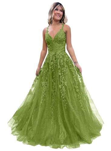 Frauen Spitze Applikation Abschlussball Kleider Langer Tüll Brautjungfernkleid A Linie V-Ausschnitt Formale Partyballkleider mit Schlitz Olive Green S von Generisch
