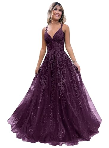Frauen Spitze Applikation Abschlussball Kleider Langer Tüll Brautjungfernkleid A Linie V-Ausschnitt Formale Partyballkleider mit Schlitz Plum L von Generisch
