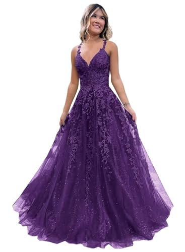 Frauen Spitze Applikation Abschlussball Kleider Langer Tüll Brautjungfernkleid A Linie V-Ausschnitt Formale Partyballkleider mit Schlitz Purple M von Generisch
