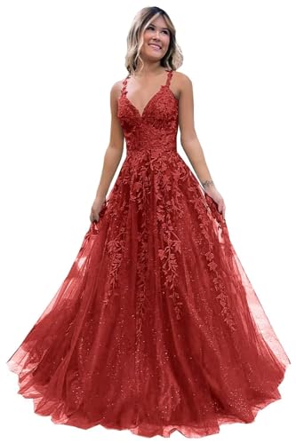 Frauen Spitze Applikation Abschlussball Kleider Langer Tüll Brautjungfernkleid A Linie V-Ausschnitt Formale Partyballkleider mit Schlitz Red 7XL von Generisch