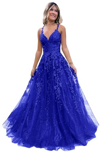 Frauen Spitze Applikation Abschlussball Kleider Langer Tüll Brautjungfernkleid A Linie V-Ausschnitt Formale Partyballkleider mit Schlitz Royal Blue XL von Generisch