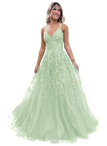 Frauen Spitze Applikation Abschlussball Kleider Langer Tüll Brautjungfernkleid A Linie V-Ausschnitt Formale Partyballkleider mit Schlitz Sage XS von Generisch