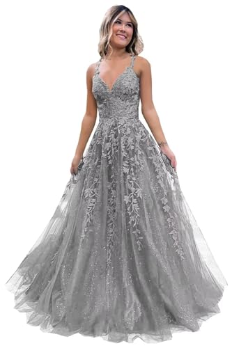 Frauen Spitze Applikation Abschlussball Kleider Langer Tüll Brautjungfernkleid A Linie V-Ausschnitt Formale Partyballkleider mit Schlitz Silver 4XL von Generisch