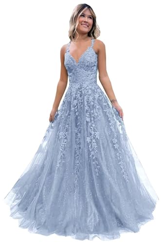 Frauen Spitze Applikation Abschlussball Kleider Langer Tüll Brautjungfernkleid A Linie V-Ausschnitt Formale Partyballkleider mit Schlitz Sky Blue S von Generisch