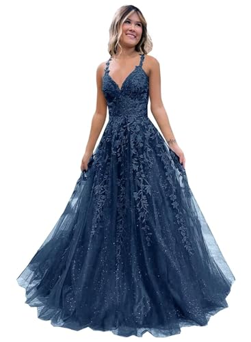 Frauen Spitze Applikation Abschlussball Kleider Langer Tüll Brautjungfernkleid A Linie V-Ausschnitt Formale Partyballkleider mit Schlitz Teal XXS von Generisch