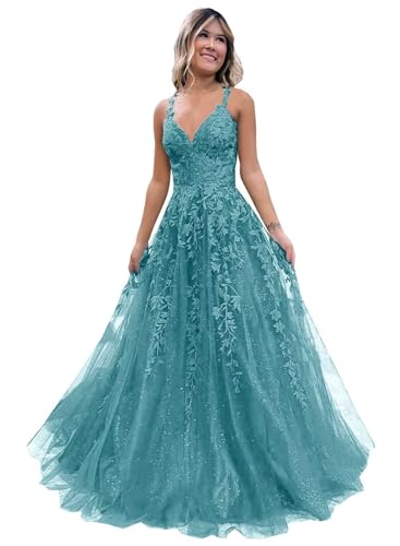 Frauen Spitze Applikation Abschlussball Kleider Langer Tüll Brautjungfernkleid A Linie V-Ausschnitt Formale Partyballkleider mit Schlitz Turquoise S von Generisch