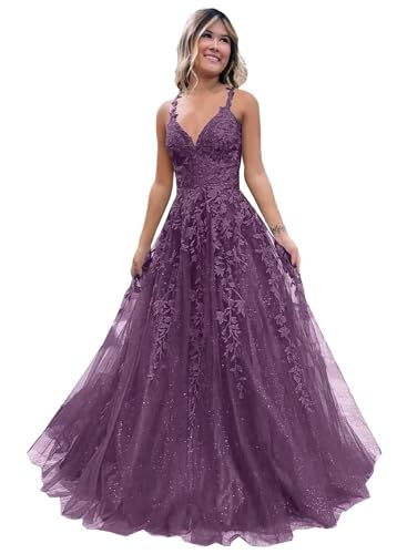 Frauen Spitze Applikation Abschlussball Kleider Langer Tüll Brautjungfernkleid A Linie V-Ausschnitt Formale Partyballkleider mit Schlitz Wisteria M von Generisch