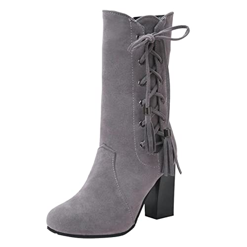 Frauen Stiefel Mid-Calf Chunky High Heel Quaste Riemen Seitlicher Reißverschluss Boots für den Alltag (Grey, 41) von Generisch