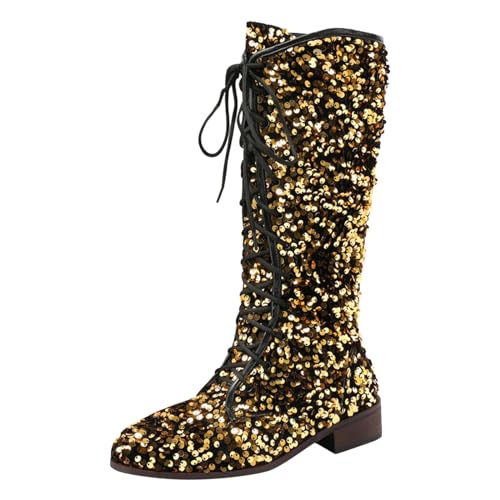 Frauen Stiefel Mittlere Wade Modisches Design Pailletten Verzierung Retro Spitze Up Dicken Absätzen Niedrige Absätze Bequemer Schuh Westernstiefel, Damen Stiefelette Overknee-Stiefel von Generisch