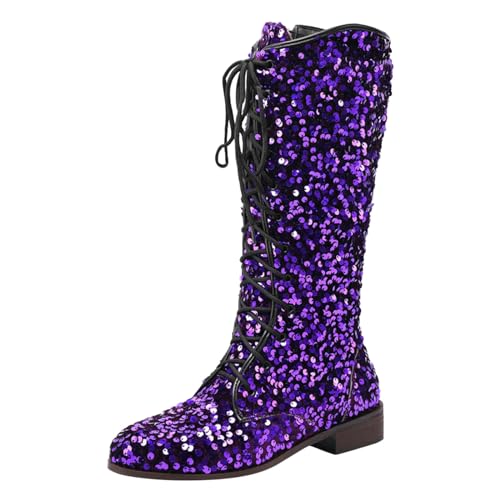Frauen Stiefel Mittlere Wade Modisches Design Pailletten Verzierung Retro Spitze Up Dicken Absätzen Niedrige Absätze Bequemer Schuh Westernstiefel, Damen Stiefelette Overknee-Stiefel von Generisch