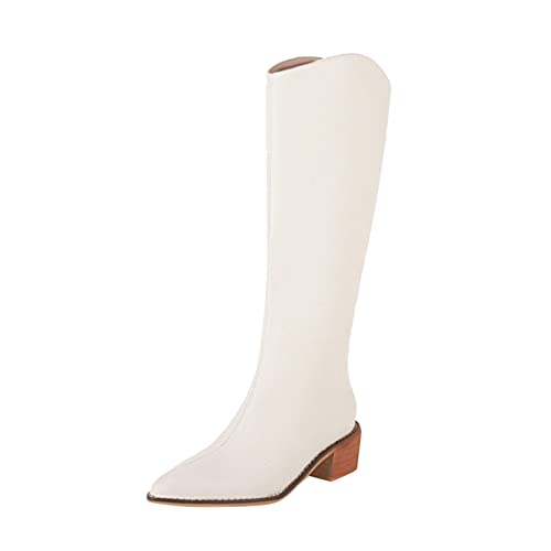 Frauen Stiefel kniehoch Winter Mode Bequeme Spitzschuh Quadratische Ferse Plaid Mit Reißverschluss Für Damen (White, 39) von Generisch