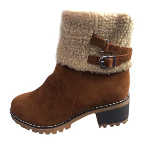 Frauen Stiefeletten Damen Stiefel Winter warme Schneestiefel Dicker Absatz runde Kopfschnalle große Stiefel Baumwollstiefel Hochhackige Stiefel Damen Casual (Brown, 38) von Generisch