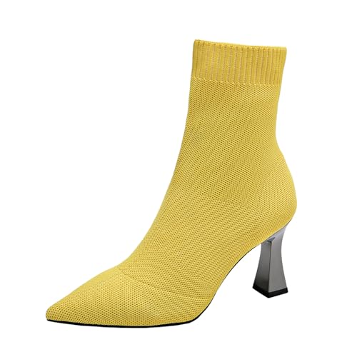 Frauen Stiefeletten für Damen modische atmungsaktive gestrickte Mesh-Stiefel mit dicken unteren Absatz Trendige Boots für stilbewusste Frauen (Yellow, 38) von Generisch