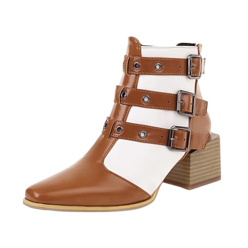 Frauen Stiefeletten für den Winter Elegante Gürtelschnalle mittelhoher Absatz modische Schuhe mit rundem Reißverschluss ideal für jedes Outfit (Orange, 40) von Generisch