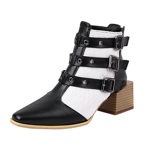 Frauen Stiefeletten für den Winter Elegante Gürtelschnalle mittelhoher Absatz modische Schuhe mit rundem Reißverschluss ideal für jedes Outfit (White, 39) von Generisch
