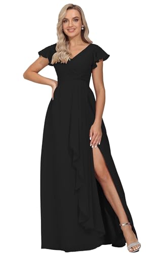 Frauen Twisted Flower Brautjungfernkleider V-Ausschnitt Chiffon Hochzeitsfeier Kleid Schlitz Rüschenärmel formelle fließende Abendkleider mit Taschen Black 7XL von Generisch