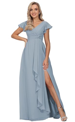 Frauen Twisted Flower Brautjungfernkleider V-Ausschnitt Chiffon Hochzeitsfeier Kleid Schlitz Rüschenärmel formelle fließende Abendkleider mit Taschen Dusty Blue S von Generisch