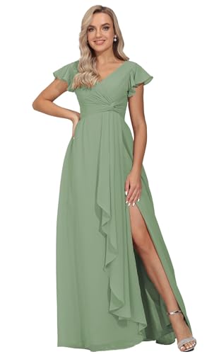 Frauen Twisted Flower Brautjungfernkleider V-Ausschnitt Chiffon Hochzeitsfeier Kleid Schlitz Rüschenärmel formelle fließende Abendkleider mit Taschen Dusty Sage 6XL von Generisch