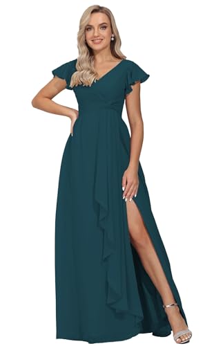 Frauen Twisted Flower Brautjungfernkleider V-Ausschnitt Chiffon Hochzeitsfeier Kleid Schlitz Rüschenärmel formelle fließende Abendkleider mit Taschen Peacock 4XL von Generisch