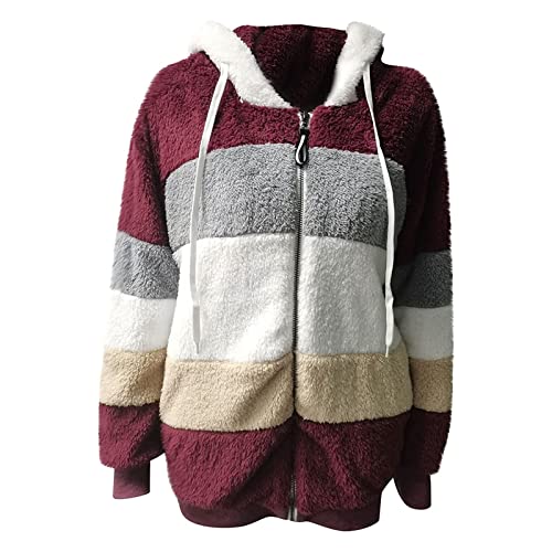 Frauen ÜBergroßEr Fleece-Teddy-Mantel Fuzzy Full Zip Winter-Kapuzenjacke Mit Kapuze Strickjacke (L,Rot) von Generisch