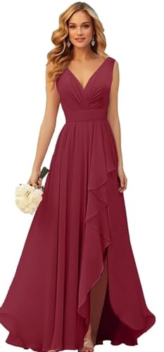 Frauen V-Ausschnitt Chiffon Brautjungfer Kleider Seite Schlitz RüSche Plissierte Formelle Abschlussball Party Kleid Lange Formelle Abendkleid Desert Rose L von Generisch