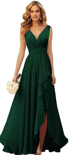 Frauen V-Ausschnitt Chiffon Brautjungfer Kleider Seite Schlitz RüSche Plissierte Formelle Abschlussball Party Kleid Lange Formelle Abendkleid Emerald Green 8XL von Generisch