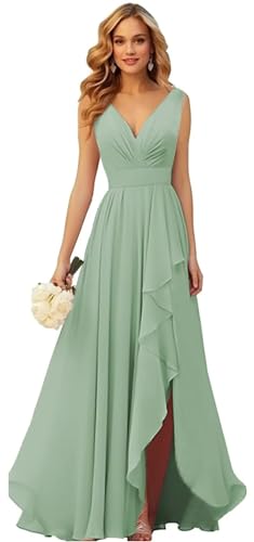 Frauen V-Ausschnitt Chiffon Brautjungfer Kleider Seite Schlitz RüSche Plissierte Formelle Abschlussball Party Kleid Lange Formelle Abendkleid Sage Green M von Generisch