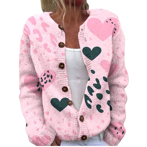 Frauen Valentinstag Muster Gedruckte Knopf Offene Wolle Pullover Cardigans-Strickjacke Damen Rosa Liebe Herz Strickpullover Tops Outwear Mantel Pullover Spitze von Generisch