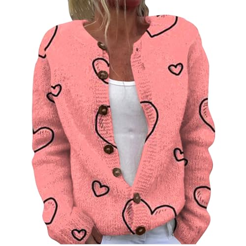 Frauen Valentinstag Muster Gedruckte Knopf Offene Wolle Pullover Cardigans-Strickjacke Damen Rosa Liebe Herz Strickpullover Tops Outwear Mantel Pullover Spitze von Generisch