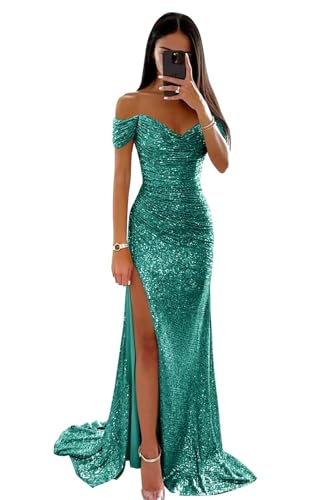Frauen trägerlose Ballkleider Meerjungfrau Pailletten Brautjungfernkleider Langer V-Ausschnitt Schlitz Formale Abendkleider Green 16W von Generisch