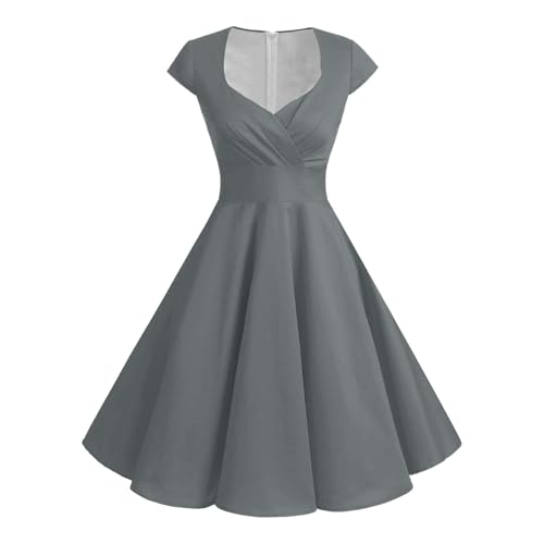 Freizeit Kleid Damen Einfarbiges lässiges Vintage-Swing-Partykleid für Damen Damen Kleid Sommer Knielang (Grey XL) von Generisch