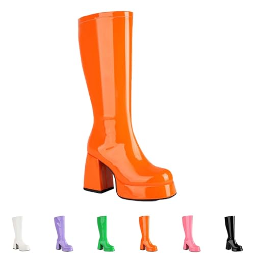 Freizeit Lack Leder Stiefel, Halbhohe Gangsstiefel, Langschaftstiefel Damen Elegant Mit Reißverschluss, Slim Overknees Stiefel, Runde Zehe Lederstiefel Schwarz Halbstiefel Mit Klobig Absatz von Generisch