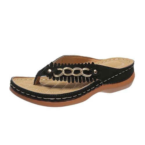 Freizeit Sandalen Damen Flip Flops Sommer Leder Orthopädische Zehentrenner Boho Pantoletten Keilabsatz Open Toe Offene Hausschuhe von Generisch