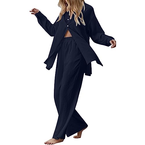 Freizeitanzug Damen, Musselin Set Damen Baumwolle Zweiteiler Revers Knöpfen Langarm Top und Weit Bein Hose Set Einfarbig Hosenanzüge 2 Teiler Set Musselin Loungewear Streetwear Anzüge Leinen Set Damen von Generisch