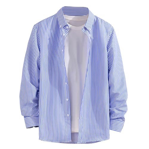 Freizeithemden Gestreift Für Herren, Langarmhemd Herren Regular Fit, Herrenhemd Atmungsaktiv Trachtenhemd Dünn Sommerhemd Leicht Schlupfhemd Mit Stehkragen Ringelshirt Bügelfrei Hemden von Generisch
