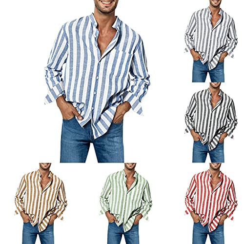 Freizeithemden für Herren Blau Weiss Gestreift Langarm Bügelfrei Leinenhemd Herren Lässiges Hemd Sommerhemd Shirt Herrenhemden Leichtes mit Knöpfen Bowling Hemd Oberhemden Regular Fit Musselin Hemd von Generisch