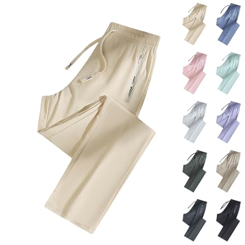 Freizeithose Aus Eisseide Damen Gerades Bein Stoffhose Große Größen Sommerhose Schnelltrocknend Palazzo Hose Trousers Mit Tunnelzug Und Taschen Einfarbig Weich Pants Beige S von Generisch