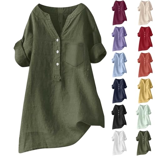Freizeitkleid Damen Elegant - Leinenkleid Damen Sommer Große Größen Musselin Kleid Knopfleiste Hemdblusenkleid 3/4-Arm Strandkleid V-Ausschnitt Shirtkleid Blusenkleid Musselin Strandkleid Sommerkleid von Generisch