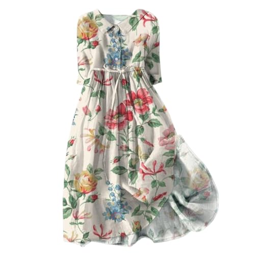 Freizeitkleid Damen Leinenkleider 3/4 Ärmel Einfarbig Langarm Baumwoll Sexy Elegant Strandkleid Lose Rundhals Maxikleid A-Linie Kleider Regular Fit Langarm Casual Kleid Urlaub Partykleid Sommerkleid von Generisch